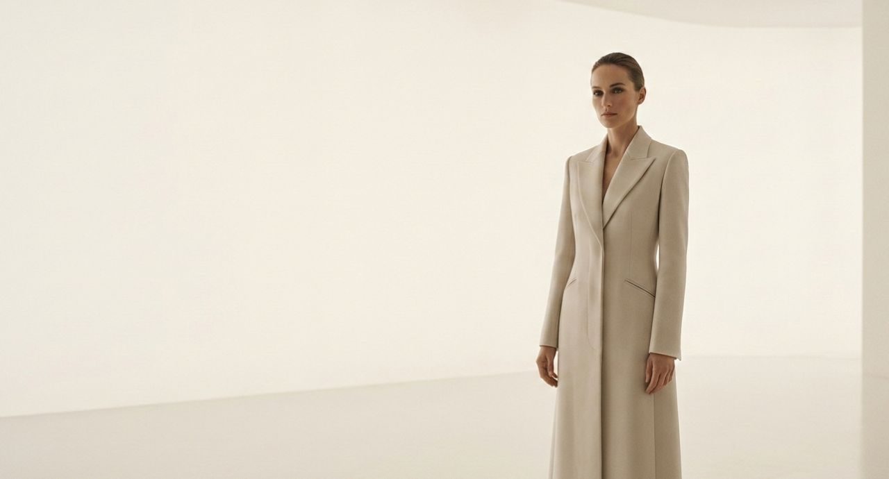 AI-generated woman in a beige coat in a pale empty room.
