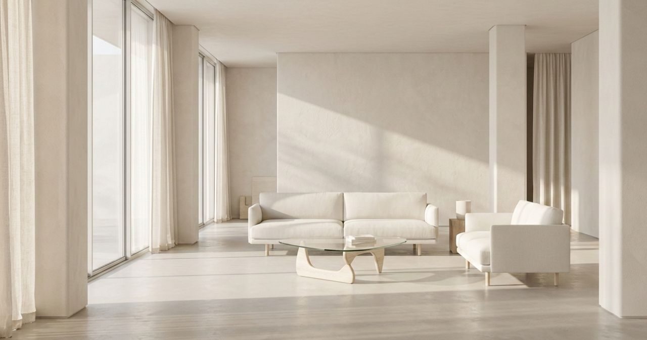 AI-generated off-white living room with linen curtains.