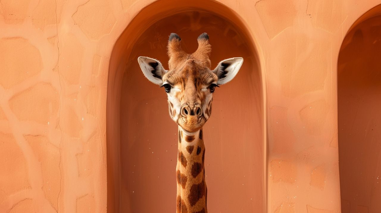 AI-generated image of a giraffe looking out of an arched niche in a terracotta wall.