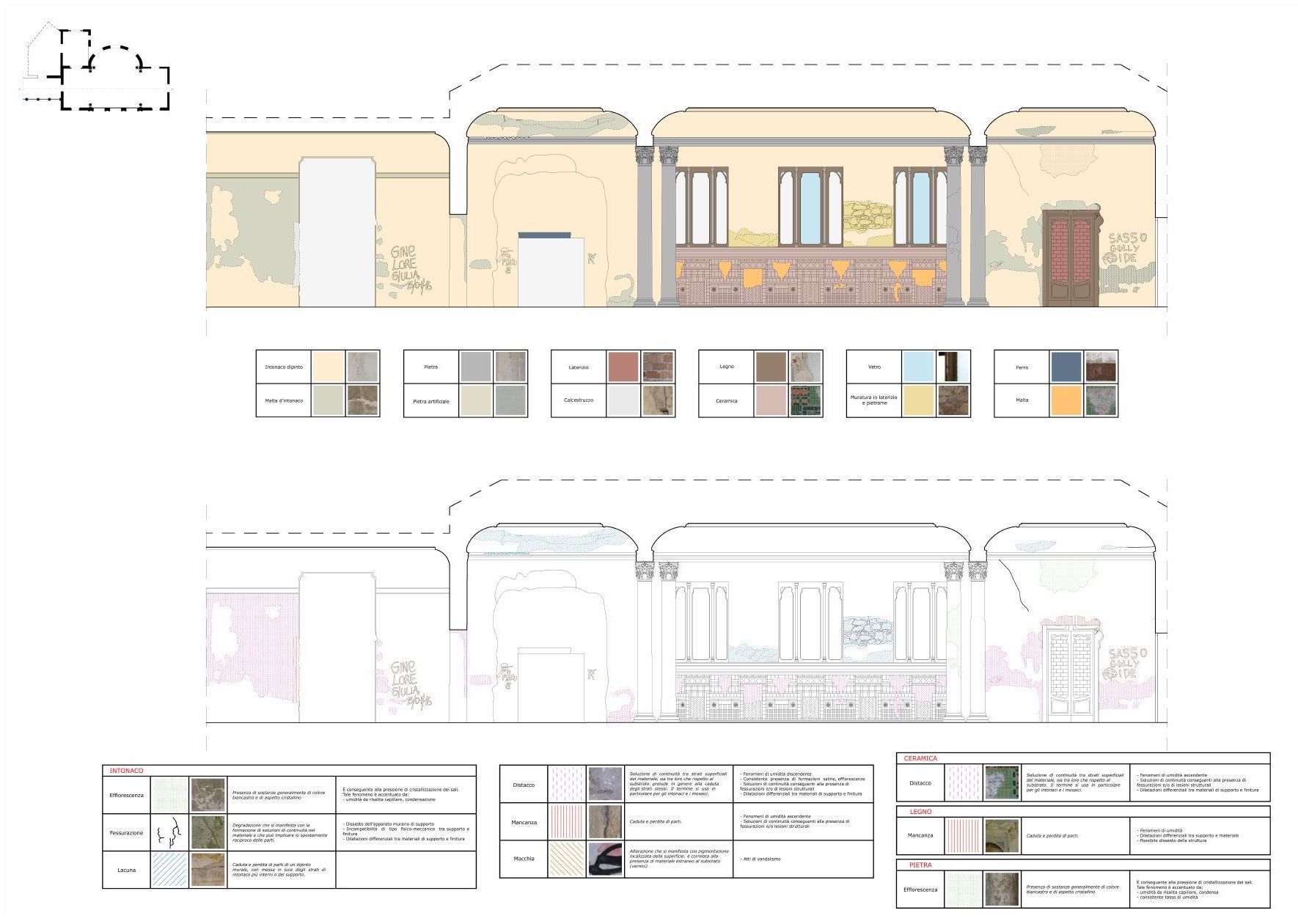 A second elevation of the building with material and decay mapping.