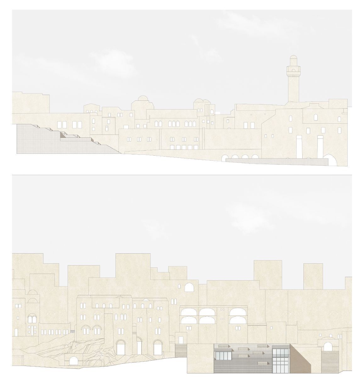 Environmental sections of the project in the Old City fabric.