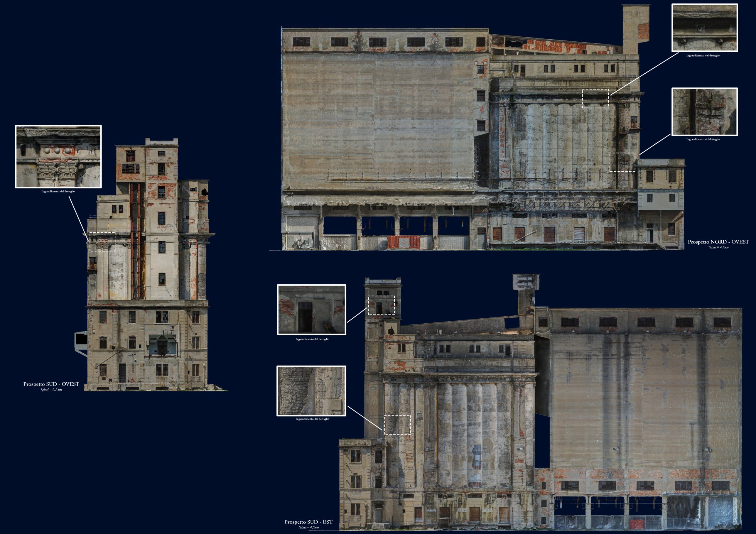 Orthophoto elevations of the silos from the south-west, north-west and south-east, with enlarged details.