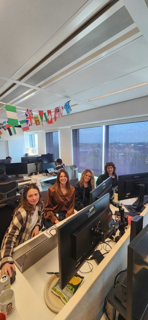 Four colleagues at their desks in the office, with flags hanging from the ceiling.