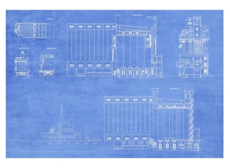 AI-generated blueprint-style drawing with plans, sections and elevations of the silos next to a ship.