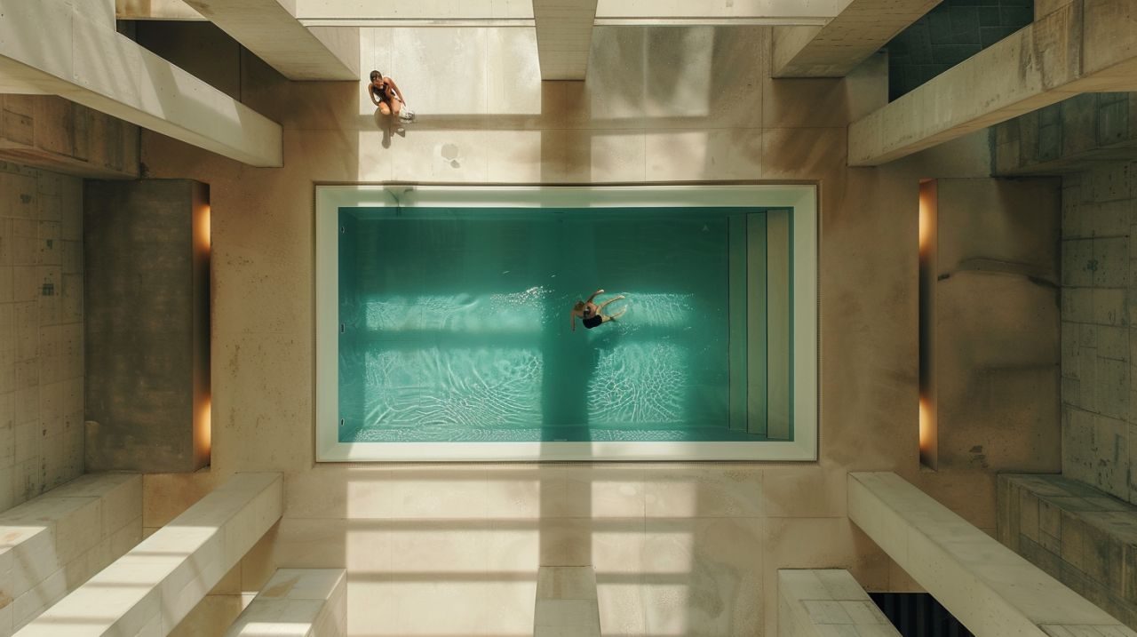 AI-generated view from above of an indoor pool surrounded by raw concrete and stone, with two people.