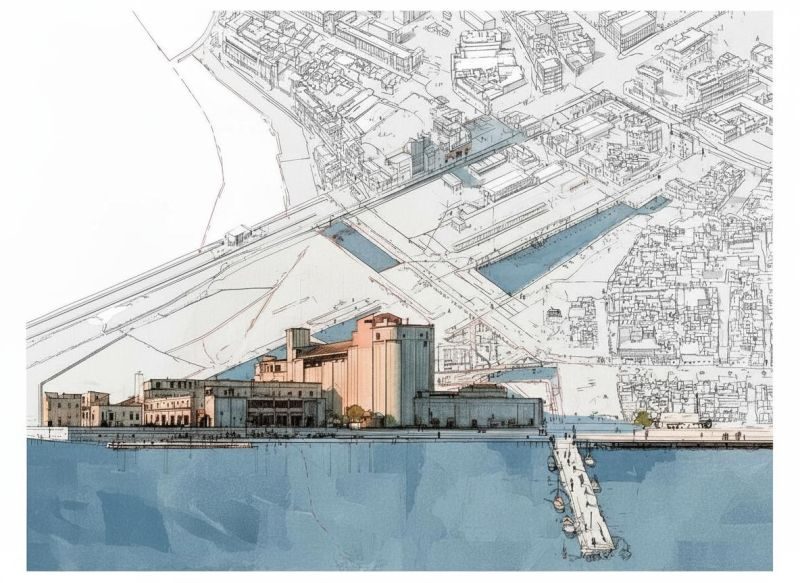 AI-generated drawing of the silos in their port context, with the city drawn in line and the water in blue.